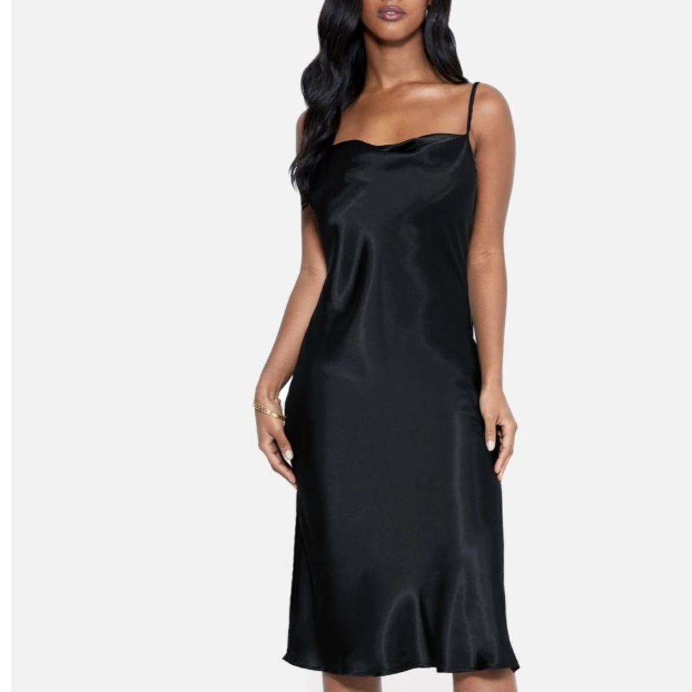 BEBE: LBD Satin Bodycon Cowl Neck Slip Dress